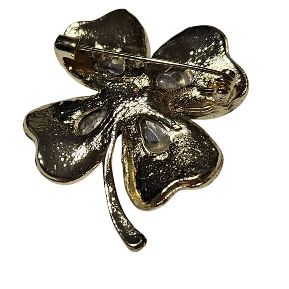 Four Leaf Clover Green Rhinestone Brooch Pin St Patricks Day Good Luck Jewelry - Picture 2 of 3